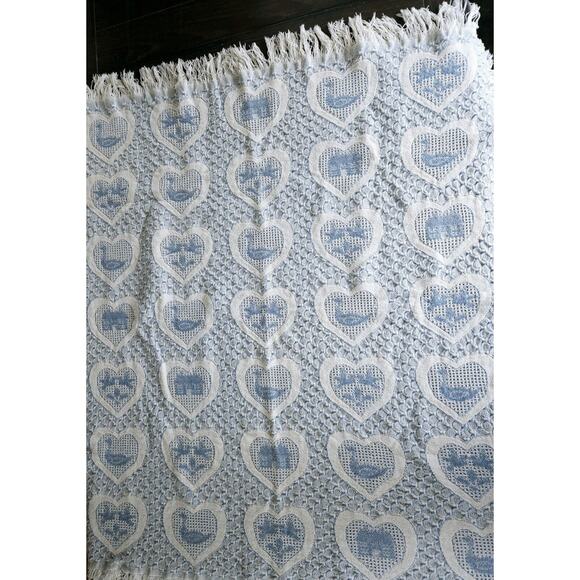 Vintage Fringe Woven Hearts Blanket 100% Cotton Granny CORE 49" x 54" BLUE WHT - Picture 2 of 6